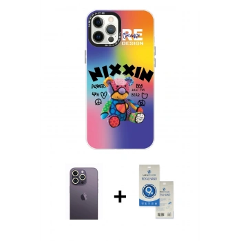 MARSİLYAN™- iPhone 12 Pro Max Kılıf Siluet Çizgi Koleksiyonu - Şeffaf Royal Nano Ekran Koruyucu + Neon Fosforlu Kamera Lens - BZ