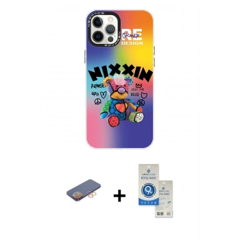MARSİLYAN™- iPhone 12 Pro Max Kılıf Siluet Çizgi Koleksiyonu - Şeffaf Royal Nano Ekran Koruyucu + Renkli Kamera Lens Koruma Cam - TU