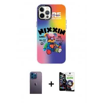 MARSİLYAN™- iPhone 12 Pro Max Kılıf Siluet Çizgi Koleksiyonu - Şeffaf Temperli Cam Ekran Koruyucu + Neon Fosforlu Kamera Lens - MI