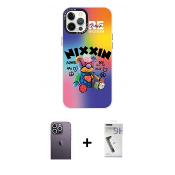 MARSİLYAN™- iPhone 12 Pro Max Kılıf Siluet Çizgi Koleksiyonu - Şeffaf Uv Polymer Nano Ekran Koruyucu + Neon Fosforlu Kamera Lens - BZ