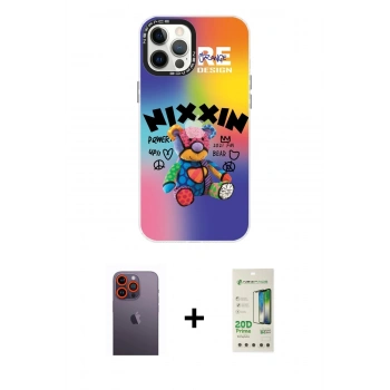 MARSİLYAN™- iPhone 12 Pro Max Kılıf Siluet Çizgi Koleksiyonu - Siyah 20D Premium Cam Ekran Koruyucu + Neon Fosforlu Kamera Lens - TU