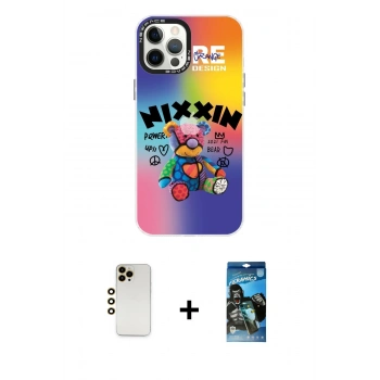 MARSİLYAN™- iPhone 12 Pro Max Kılıf Siluet Çizgi Koleksiyonu - Siyah 34D Izgaralı Cam + Shine Kamera Lens - GD