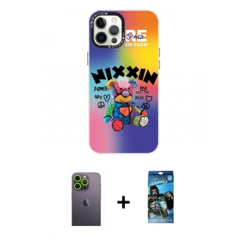 MARSİLYAN™- iPhone 12 Pro Max Kılıf Siluet Çizgi Koleksiyonu - Siyah 34D Izgaralı Cam + Neon Fosforlu Kamera Lens - YL