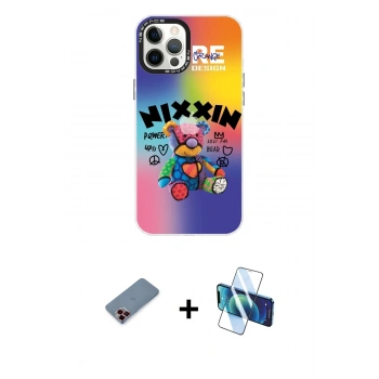 MARSİLYAN™- iPhone 12 Pro Max Kılıf Siluet Çizgi Koleksiyonu - Siyah 3D Antistatik Cam Ekran Koruyucu + Metal Kamera Lens Koruma Cam - KI