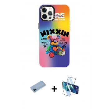 MARSİLYAN™- iPhone 12 Pro Max Kılıf Siluet Çizgi Koleksiyonu - Siyah 3D Antistatik Cam Ekran Koruyucu + Shine Kamera Lens Koruma Cam - MI