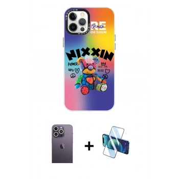 MARSİLYAN™- iPhone 12 Pro Max Kılıf Siluet Çizgi Koleksiyonu - Siyah 3D Antistatik Cam Ekran Koruyucu + Neon Fosforlu Kamera Lens - BZ