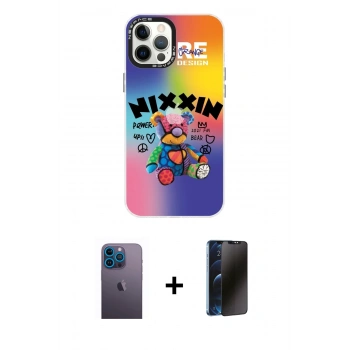 MARSİLYAN™- iPhone 12 Pro Max Kılıf Siluet Çizgi Koleksiyonu - Siyah 3D Antistatik Hayalet Cam Ekran Koruyucu + Neon Fosforlu Kamera Lens - MI