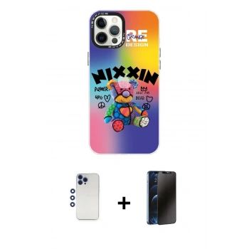 MARSİLYAN™- iPhone 12 Pro Max Kılıf Siluet Çizgi Koleksiyonu - Siyah 3D Antistatik Hayalet Cam Ekran Koruyucu + Shine Kamera Lens - LT