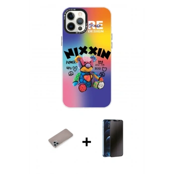 MARSİLYAN™- iPhone 12 Pro Max Kılıf Siluet Çizgi Koleksiyonu - Siyah 3D Antistatik Hayalet Cam Ekran Koruyucu + Shine Kamera Lens Koruma Cam - SABE