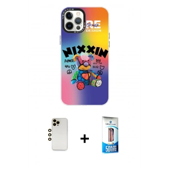 MARSİLYAN™- iPhone 12 Pro Max Kılıf Siluet Çizgi Koleksiyonu - Siyah 5D Eko Cam Ekran Koruyucu + Shine Kamera Lens - GD