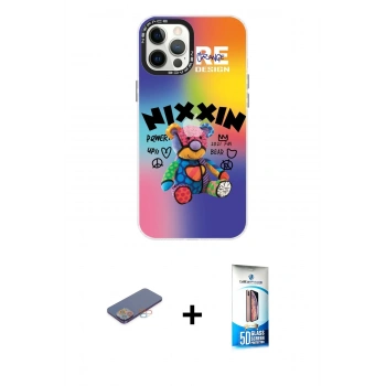 MARSİLYAN™- iPhone 12 Pro Max Kılıf Siluet Çizgi Koleksiyonu - Siyah 5D Eko Cam Ekran Koruyucu + Renkli Kamera Lens Koruma Cam - PE
