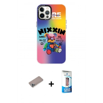 MARSİLYAN™- iPhone 12 Pro Max Kılıf Siluet Çizgi Koleksiyonu - Siyah 5D Eko Cam Ekran Koruyucu + Shine Kamera Lens Koruma Cam - SABE