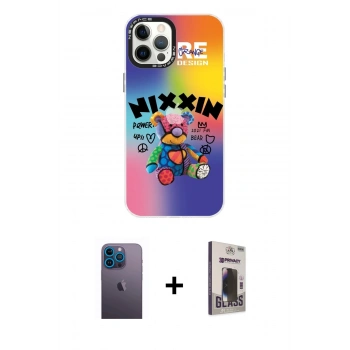 MARSİLYAN™- iPhone 12 Pro Max Kılıf Siluet Çizgi Koleksiyonu - Siyah Bilvis Hayalet Cam Ekran Koruyucu + Neon Fosforlu Kamera Lens - MI