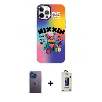 MARSİLYAN™- iPhone 12 Pro Max Kılıf Siluet Çizgi Koleksiyonu - Siyah Bilvis Hayalet Cam Ekran Koruyucu + Neon Fosforlu Kamera Lens - MI