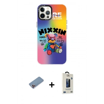 MARSİLYAN™- iPhone 12 Pro Max Kılıf Siluet Çizgi Koleksiyonu - Siyah Bilvis Hayalet Cam Ekran Koruyucu + Shine Kamera Lens Koruma Cam - PE