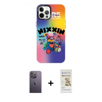 MARSİLYAN™- iPhone 12 Pro Max Kılıf Siluet Çizgi Koleksiyonu - Siyah Mat Seramik Nano Ekran Koruyucu + Neon Fosforlu Kamera Lens - BZ
