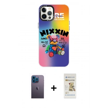 MARSİLYAN™- iPhone 12 Pro Max Kılıf Siluet Çizgi Koleksiyonu - Siyah Mat Seramik Nano Ekran Koruyucu + Neon Fosforlu Kamera Lens - MI