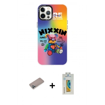 MARSİLYAN™- iPhone 12 Pro Max Kılıf Siluet Çizgi Koleksiyonu - Siyah Polymer Nano Ekran Koruyucu + Shine Kamera Lens Koruma Cam - SABE