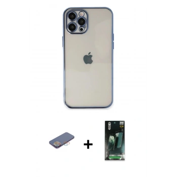 MARSİLYAN™- iPhone 12 Pro Max Kılıf Vadi Minimal - Şeffaf 360 Full Body Arka Koruyucu + Renkli Kamera Lens Koruma Cam - PE