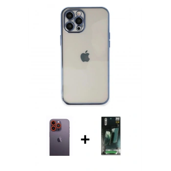 MARSİLYAN™- iPhone 12 Pro Max Kılıf Vadi Minimal - Şeffaf 360 Full Body Arka Koruyucu + Neon Fosforlu Kamera Lens - TU
