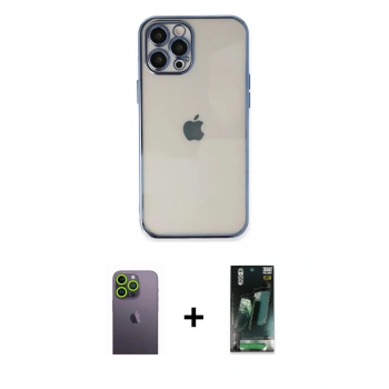 MARSİLYAN™- iPhone 12 Pro Max Kılıf Vadi Minimal - Şeffaf 360 Full Body Arka Koruyucu + Neon Fosforlu Kamera Lens - YL