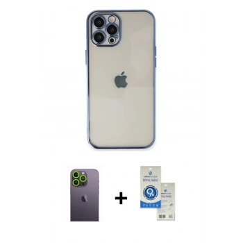 MARSİLYAN™- iPhone 12 Pro Max Kılıf Vadi Minimal - Şeffaf Royal Nano Ekran Koruyucu + Neon Fosforlu Kamera Lens - YL