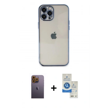 MARSİLYAN™- iPhone 12 Pro Max Kılıf Vadi Minimal - Şeffaf Royal Nano Ekran Koruyucu + Neon Fosforlu Kamera Lens - SI