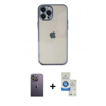 MARSİLYAN™- iPhone 12 Pro Max Kılıf Vadi Minimal - Şeffaf Royal Nano Ekran Koruyucu + Neon Fosforlu Kamera Lens - BZ