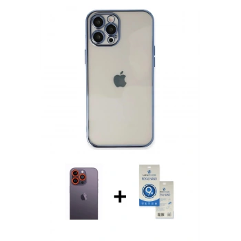 MARSİLYAN™- iPhone 12 Pro Max Kılıf Vadi Minimal - Şeffaf Royal Nano Ekran Koruyucu + Neon Fosforlu Kamera Lens - TU