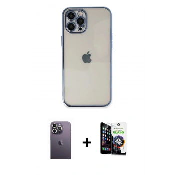 MARSİLYAN™- iPhone 12 Pro Max Kılıf Vadi Minimal - Şeffaf Temperli Cam Ekran Koruyucu + Neon Fosforlu Kamera Lens - BZ