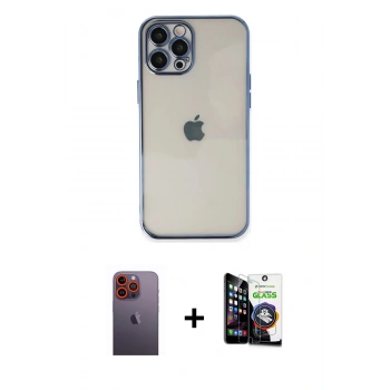 MARSİLYAN™- iPhone 12 Pro Max Kılıf Vadi Minimal - Şeffaf Temperli Cam Ekran Koruyucu + Neon Fosforlu Kamera Lens - TU