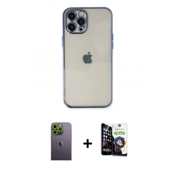 MARSİLYAN™- iPhone 12 Pro Max Kılıf Vadi Minimal - Şeffaf Temperli Cam Ekran Koruyucu + Neon Fosforlu Kamera Lens - YL