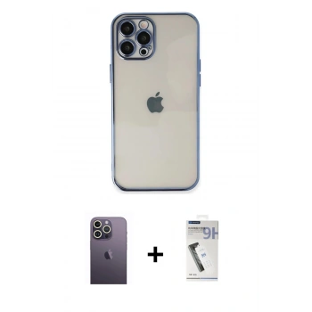 MARSİLYAN™- iPhone 12 Pro Max Kılıf Vadi Minimal - Şeffaf Uv Polymer Nano Ekran Koruyucu + Neon Fosforlu Kamera Lens - BZ