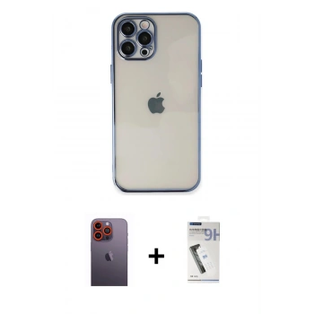 MARSİLYAN™- iPhone 12 Pro Max Kılıf Vadi Minimal - Şeffaf Uv Polymer Nano Ekran Koruyucu + Neon Fosforlu Kamera Lens - TU