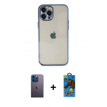 MARSİLYAN™- iPhone 12 Pro Max Kılıf Vadi Minimal - Siyah 18D Cam Ekran Koruyucu + Neon Fosforlu Kamera Lens - MI