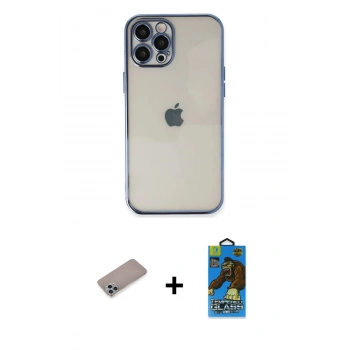 MARSİLYAN™- iPhone 12 Pro Max Kılıf Vadi Minimal - Siyah 18D Cam Ekran Koruyucu + Shine Kamera Lens Koruma Cam - SABE