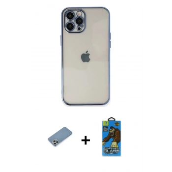 MARSİLYAN™- iPhone 12 Pro Max Kılıf Vadi Minimal - Siyah 18D Cam Ekran Koruyucu + Shine Kamera Lens Koruma Cam - GS