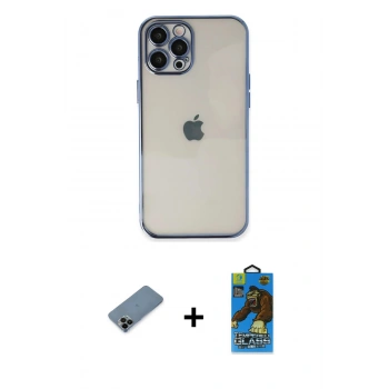 MARSİLYAN™- iPhone 12 Pro Max Kılıf Vadi Minimal - Siyah 18D Cam Ekran Koruyucu + Shine Kamera Lens Koruma Cam - SH