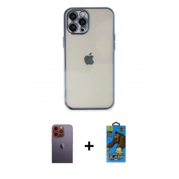 MARSİLYAN™- iPhone 12 Pro Max Kılıf Vadi Minimal - Siyah 18D Cam Ekran Koruyucu + Neon Fosforlu Kamera Lens - TU