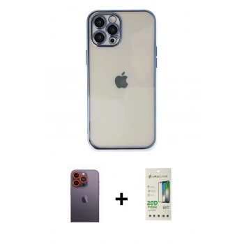 MARSİLYAN™- iPhone 12 Pro Max Kılıf Vadi Minimal - Siyah 20D Premium Cam Ekran Koruyucu + Neon Fosforlu Kamera Lens - TU