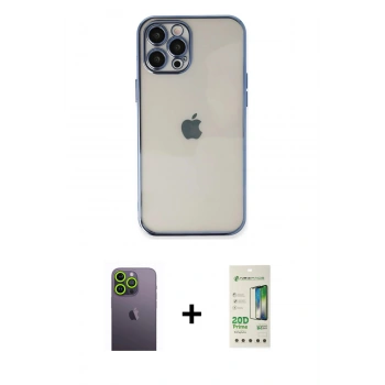 MARSİLYAN™- iPhone 12 Pro Max Kılıf Vadi Minimal - Siyah 20D Premium Cam Ekran Koruyucu + Neon Fosforlu Kamera Lens - YL