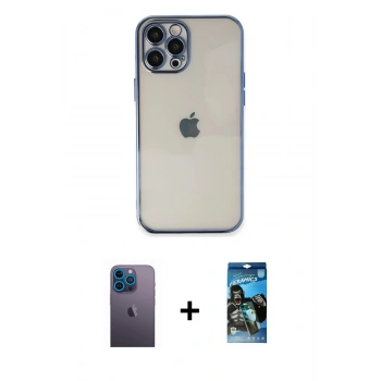 MARSİLYAN™- iPhone 12 Pro Max Kılıf Vadi Minimal - Siyah 34D Izgaralı Cam + Neon Fosforlu Kamera Lens - MI