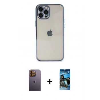 MARSİLYAN™- iPhone 12 Pro Max Kılıf Vadi Minimal - Siyah 34D Izgaralı Cam + Neon Fosforlu Kamera Lens - SI