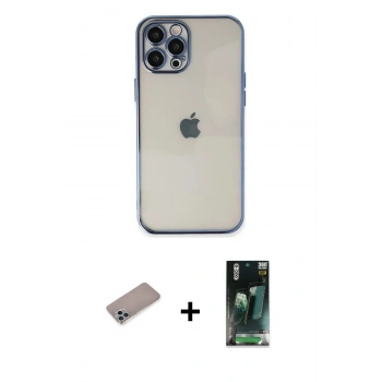 MARSİLYAN™- iPhone 12 Pro Max Kılıf Vadi Minimal - Siyah 360 Mat Full Body Arka Koruyucu + Shine Kamera Lens Koruma Cam - SABE