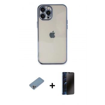 MARSİLYAN™- iPhone 12 Pro Max Kılıf Vadi Minimal - Siyah 3D Antistatik Hayalet Cam Ekran Koruyucu + Shine Kamera Lens Koruma Cam - GI