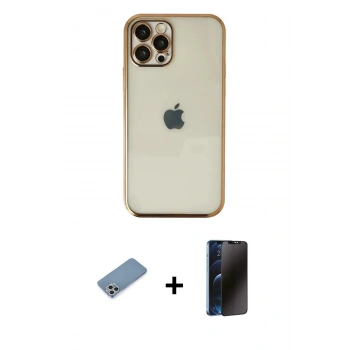 MARSİLYAN™- iPhone 12 Pro Max Kılıf Vadi Minimal - Siyah 3D Antistatik Hayalet Cam Ekran Koruyucu + Shine Kamera Lens Koruma Cam - GS