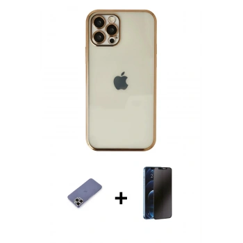 MARSİLYAN™- iPhone 12 Pro Max Kılıf Vadi Minimal - Siyah 3D Antistatik Hayalet Cam Ekran Koruyucu + Metal Kamera Lens Koruma Cam - GD