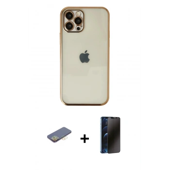 MARSİLYAN™- iPhone 12 Pro Max Kılıf Vadi Minimal - Siyah 3D Antistatik Hayalet Cam Ekran Koruyucu + Renkli Kamera Lens Koruma Cam - SI