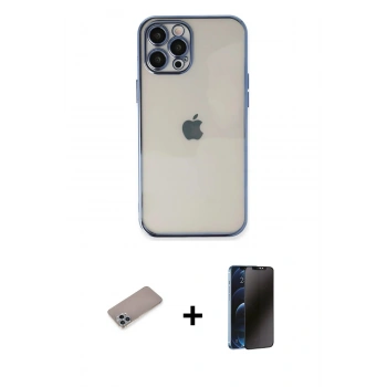 MARSİLYAN™- iPhone 12 Pro Max Kılıf Vadi Minimal - Siyah 3D Antistatik Hayalet Cam Ekran Koruyucu + Shine Kamera Lens Koruma Cam - SABE