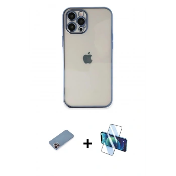MARSİLYAN™- iPhone 12 Pro Max Kılıf Vadi Minimal - Siyah 3D Antistatik Seramik Nano Ekran Koruyucu + Shine Kamera Lens Koruma Cam - PE